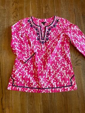 Talbots Pink Printed Tunic with Navy Trim Size petite small